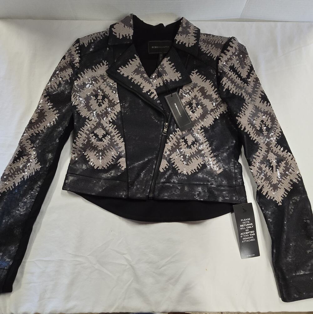 BCBGMaxazria Abel Sequin Womens Jacket Dark Steel Gray Metallic Size Medium